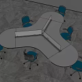 Modern White Office Desk With Unique Shape And Blue Office Chairs On Marble Floor