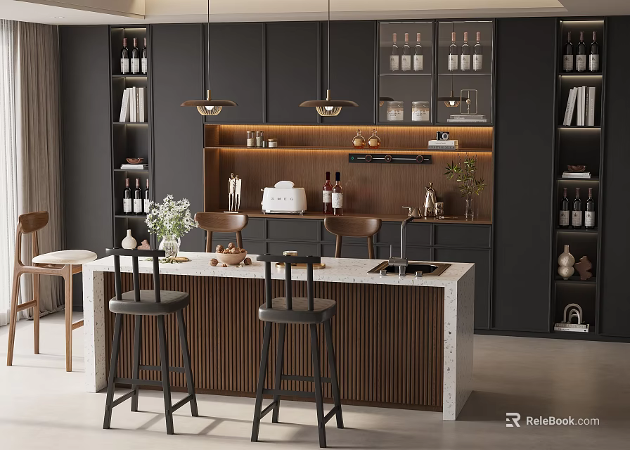 Modern Bar Counter Design With Black Bar Stools Glass Door Cabinets And Pendant Lighting 3d model 