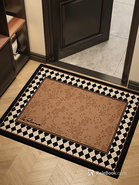 Brown Floral Pattern Square Rug with Black and White Checkerboard Border for Home Entrance 3d model 