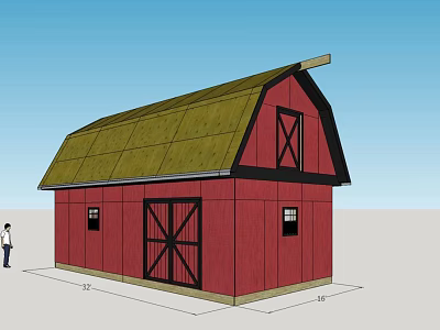 Red Barn Structure With Green Roof Double Doors And 22x40 Exterior Design 3d model