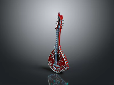 Traditional Red Decorative String Instrument With Intricate Patterns For Home Use 3d model