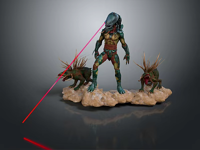 Alien Creature Figurine With Small Alien Creatures Red Laser Beams And Rocky Base 3d model