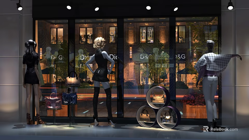 Elegant Window Display With Mannequins Fashion Bags And Decorative Lighting Elements 3d model 