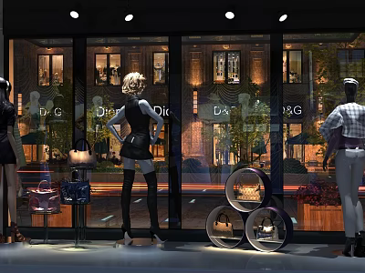 Elegant Window Display With Mannequins Fashion Bags And Decorative Lighting Elements 3d model