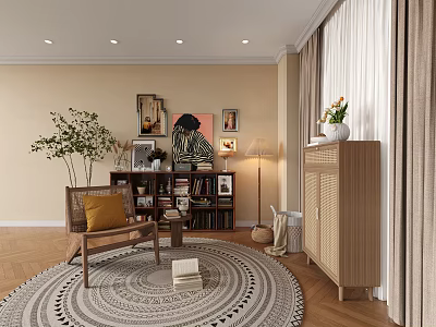 Cozy Public Office Space Interior With Bookshelf Green Plant Artwork And Floor Lamp 3d model