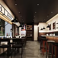 Stylish Bar Interior With Wooden Counter Tables Chairs And Wine Bottles