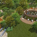 Scenic Park Landscape with Tea Garden Arched Bridges Stone Steps Lush Greenery and People Walking