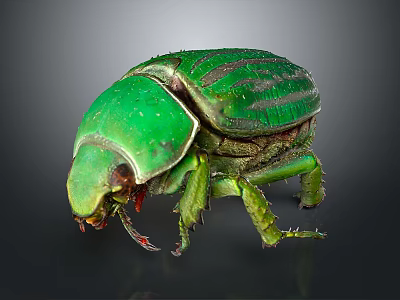 Detailed View of Green Beetle With Shiny Striped Exoskeleton On Gray Background 3d model