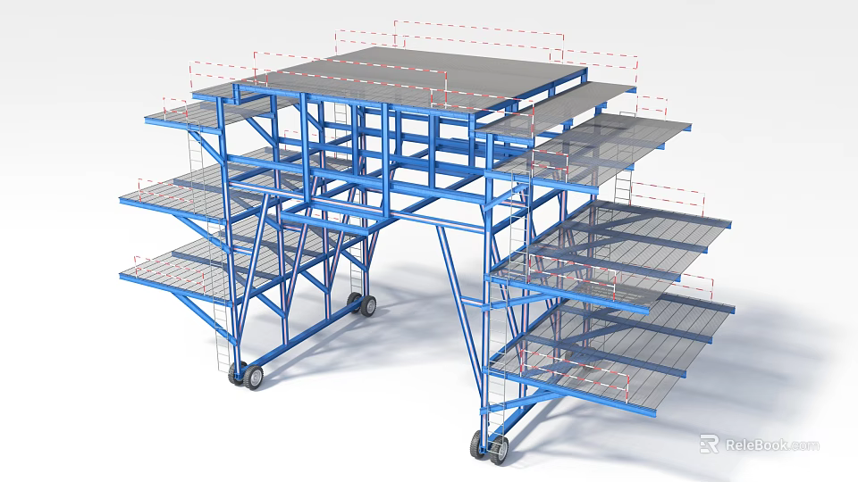 Blue Metal Frame Structure With Multi Level Platforms And Mobile Wheels 3d model