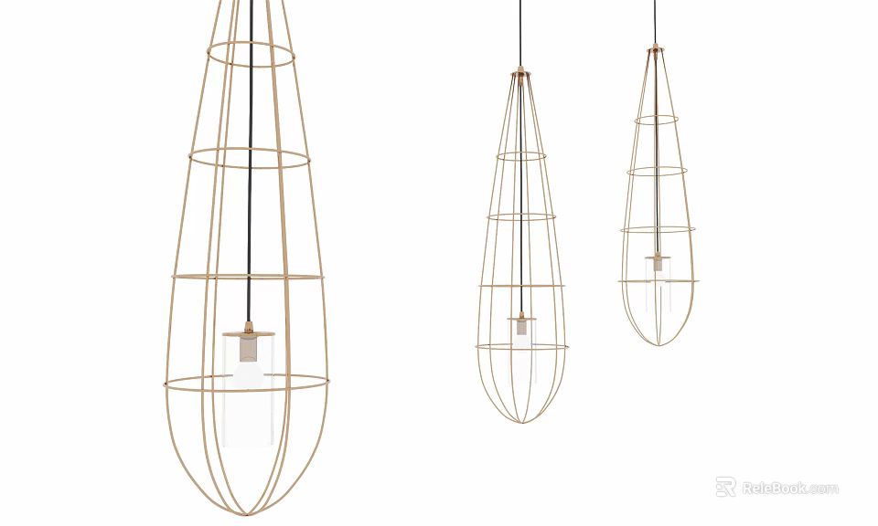 Three Modern Teardrop Shaped Pendant Lights With Metal Open Frame Design 3d model 