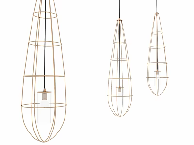 Three Modern Teardrop Shaped Pendant Lights With Metal Open Frame Design 3d model