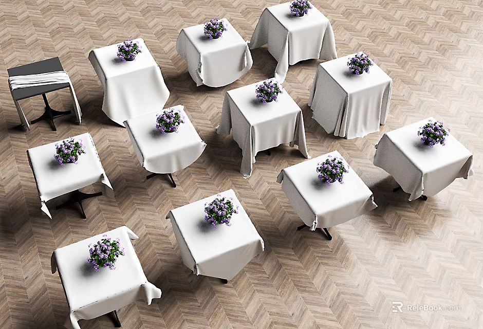 Elegant Banquet Table Setup With White Tablecloths And Purple Flower Bouquets 3d model 