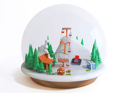 Snow Globe Decorative Ornament Set with Ferris Wheel Small Houses Trees and Wooden Base 3d model