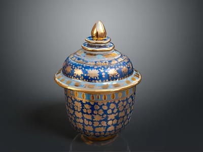 Blue and Gold Carved Sculpture with Ornate Lid and Intricate Floral Patterns 3d model