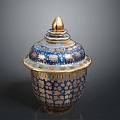 Blue and Gold Carved Sculpture with Ornate Lid and Intricate Floral Patterns