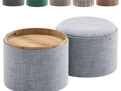 Upholstered Round Storage Ottoman With Wooden Top And Minimalist Design For Living Room 3d model