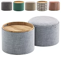 Upholstered Round Storage Ottoman With Wooden Top And Minimalist Design For Living Room