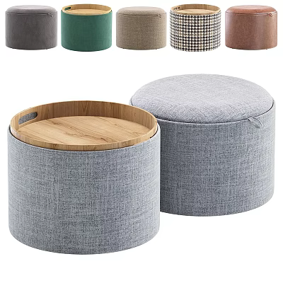 Upholstered Round Storage Ottoman With Wooden Top And Minimalist Design For Living Room 3d model