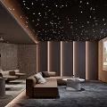 Luxurious Home Theater with Starry Ceiling Projection Screen Brown Sofa Comfortable Seating and Striped Walls