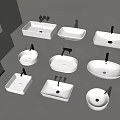 Various Shapes White Ceramic Washbasins on Display Steps With Black Faucets 3d model
