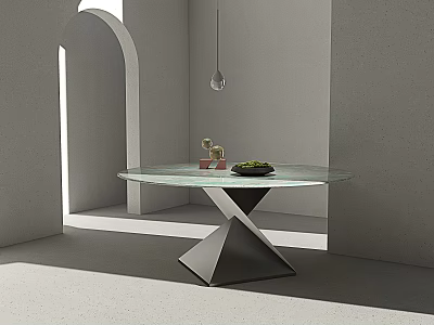 Round Glass Dining Table With Geometric Metal Base In Gray Wall Arched Doorway Space 3d model
