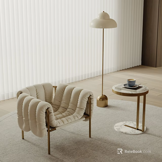 Beige Tufted Accent Chair With Metal Legs And Gold Floor Lamp In Modern Living Room 3d model 