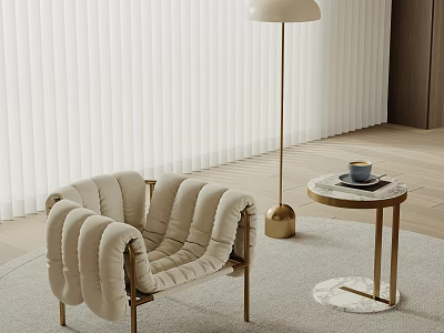 Beige Tufted Accent Chair With Metal Legs And Gold Floor Lamp In Modern Living Room 3d model