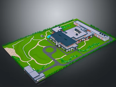Aerial View Of Contemporary Building With Green Lawn Curved Driveway And Gardens 3d model