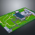 Aerial View Of Contemporary Building With Green Lawn Curved Driveway And Gardens