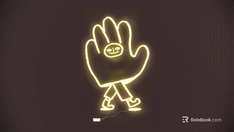 Neon Decorative Light with Hand Shape and Smiley Face Glowing on Dark Background 3d model 