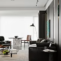 Modern Living Dining Room Interior With Black Leather Sofa Colorful Abstract Painting And Marble Wall