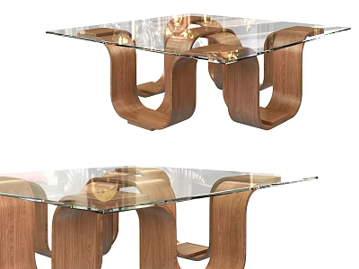 Modern Coffee Table With Glass Top And Unique Curved Wooden Legs Design 3d model
