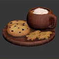 Wooden Platter With Hot Drink Topped With Cream And Chocolate Chip Ghost Shaped Cookies