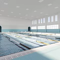 Indoor Swimming Pool With Yellow Lanes Starting Blocks And Large Windows