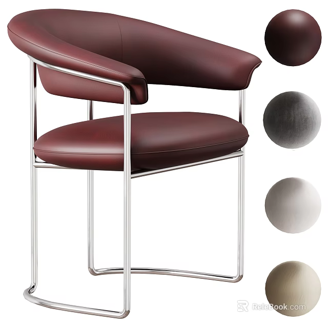 Modern Leather Upholstered Dining Chair With Armrests And Polished Metal Frame For Home Dining Space 3d model 
