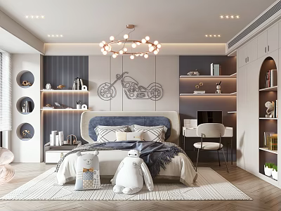 Modern Kids Room Interior With Bed Motorcycle Pattern Wall Decor Chandelier Bookshelves And Plush Toys 3d model