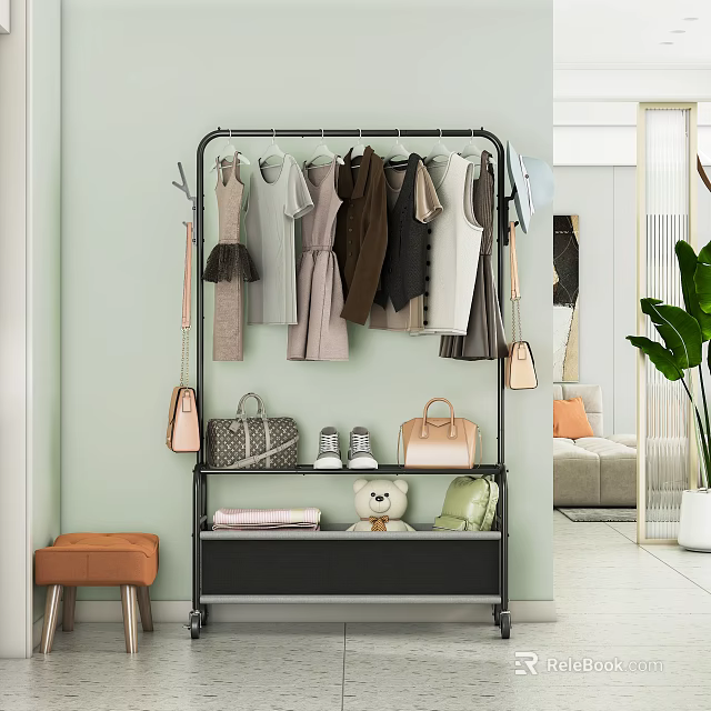 Clothing Rack Hanging Various Clothes With Shelf Holding Bags Shoes And Stuffed Toy In Home 3d model 