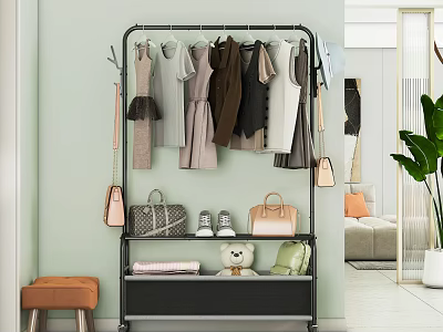 Clothing Rack Hanging Various Clothes With Shelf Holding Bags Shoes And Stuffed Toy In Home 3d model