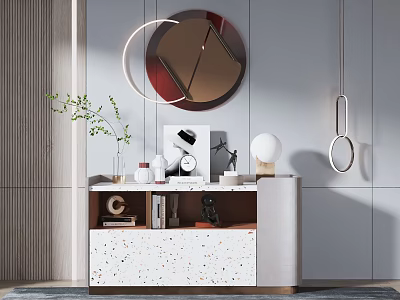 Modern Entryway Console Cabinet And Side Cabinet With Circular Mirror Wall Lamp And Decor Items 3d model