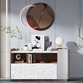 Modern Entryway Console Cabinet And Side Cabinet With Circular Mirror Wall Lamp And Decor Items