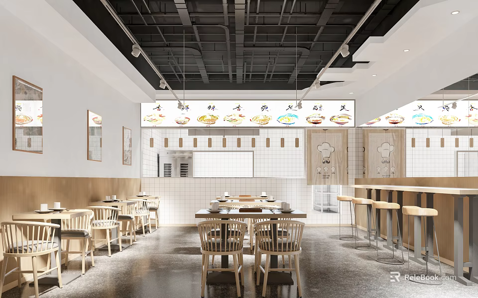 Cozy Restaurant Interior With Wooden Tables Chairs White Walls And Hanging Menu Signs 3d model 