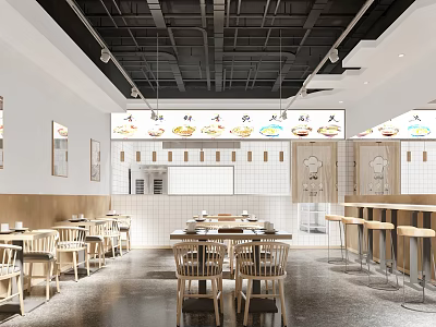 Cozy Restaurant Interior With Wooden Tables Chairs White Walls And Hanging Menu Signs 3d model