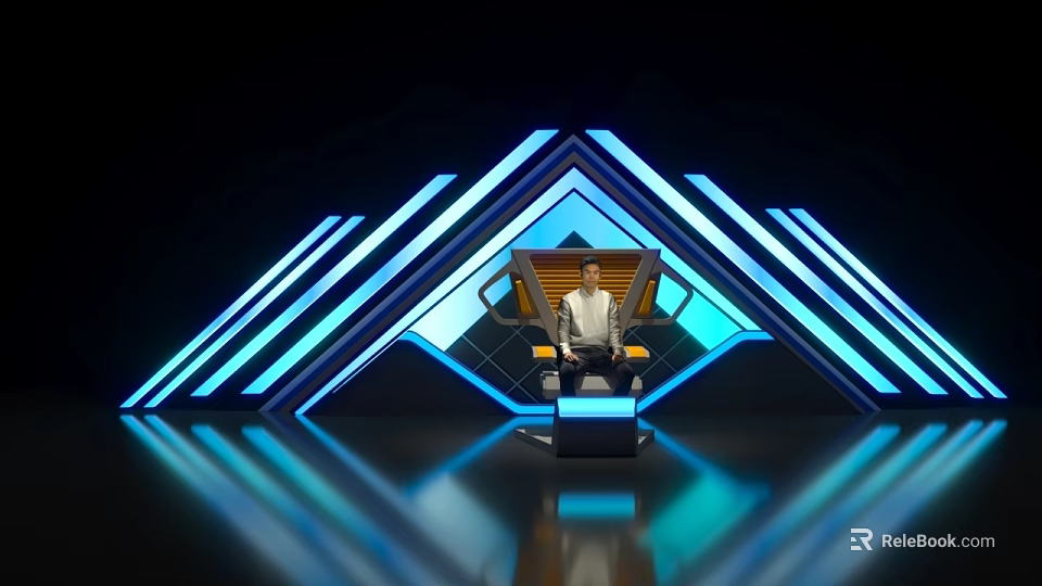 Person On Modern Chair In Blue Geometric Lighting Room With Triangles Lines And Reflective Floor 3d model 