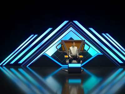 Person On Modern Chair In Blue Geometric Lighting Room With Triangles Lines And Reflective Floor 3d model