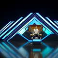Person On Modern Chair In Blue Geometric Lighting Room With Triangles Lines And Reflective Floor
