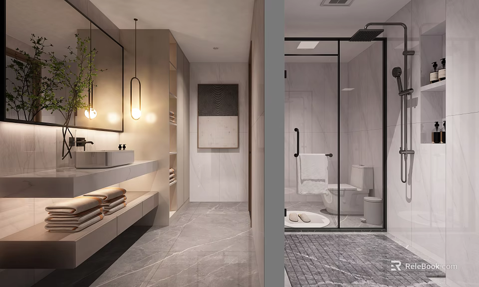Modern Minimalist Bathroom With Dry Wet Separation And Elegant Marble Tile Interior Design Ideas 3d model 