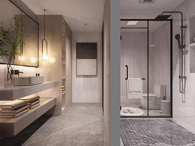 Modern Minimalist Bathroom With Dry Wet Separation And Elegant Marble Tile Interior Design Ideas 3d model