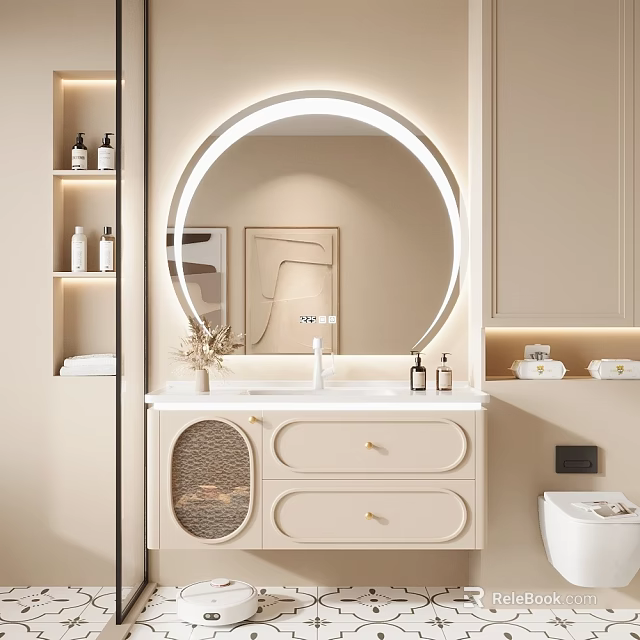 Modern Bathroom Vanity Cabinet With Round Backlit Mirror Countertop And Drawers 3d model 
