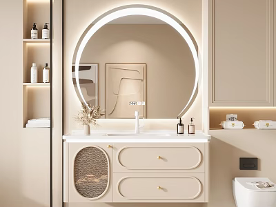 Modern Bathroom Vanity Cabinet With Round Backlit Mirror Countertop And Drawers 3d model