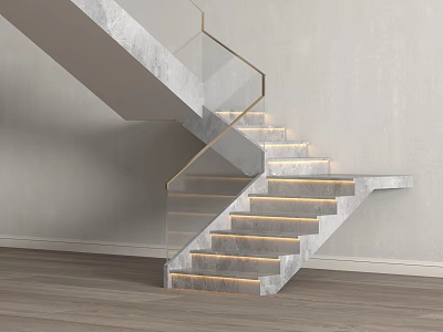 Modern Concrete Staircase With Glass Railing Step Lighting Light Wall And Wooden Floor 3d model